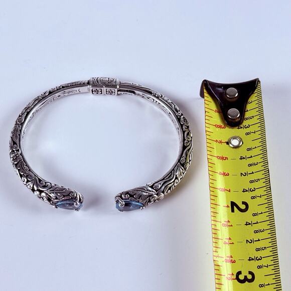 DESIGNER BLUE TOPAZ Floral Hinged Open Cuff Bracelet Sterling Silver Signed - Picture 7 of 11
